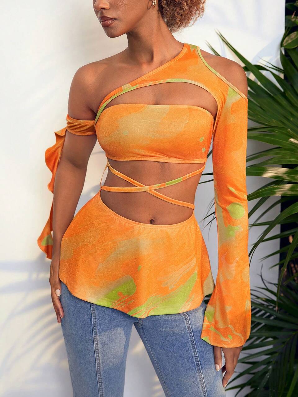 Designer Wrap Cutout Ruffle Top, Women, For Holiday, Going Out, Festival