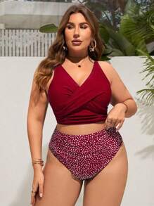SHEIN Swim Curve 夏季海滩大码女式交叉波尔卡圆点比基尼套装新年 - 酒紅色 - 查看 5