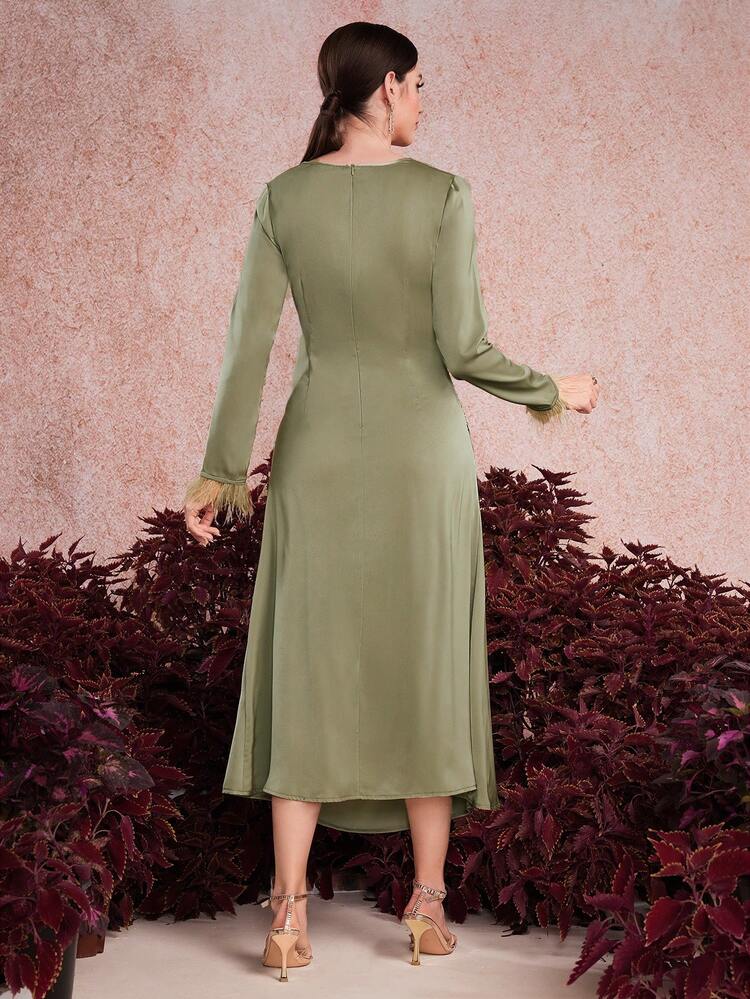 Women's Solid Color Pleated Hem & Fluffy Sleeve Cuff Dress Long Evening Dresses