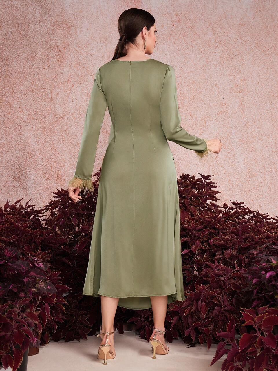 Women's Solid Color Pleated Hem & Fluffy Sleeve Cuff Dress Long Evening Dresses