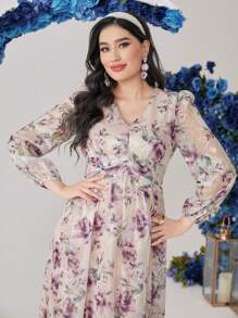 Modelyn Women's Floral Print Lantern Sleeve Dress Maxi Women Outfit - Multicolor - View 4