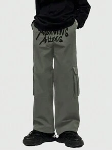 ROMWE MEN Street Life Men's Cargo Pants With Letter Pattern - Green - View 1