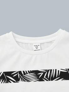 SHEIN 小男孩休閒舒適熱帶印花拼布上衣純色短褲兩件套 - 黑與白 - 查看 5