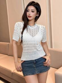 SHEIN Unity Blusa De Manga Corta De Cuello Redondo De Punto Para Mujer - Blanco - Ver 5