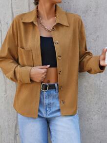 EURMUSE Shirt mit Drop Shoulder Tasche Flicken, Knopf vorne,