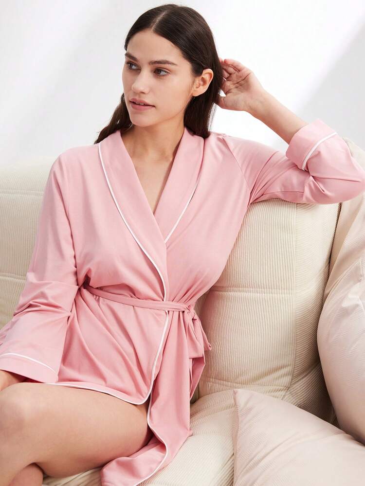 Vestaglia da donna in morbido cotone e modal, corta, con cintura, pigiama rosa da donna, camicia da notte da sposa, intimo, pigiama autunnale e primaverile, estivo