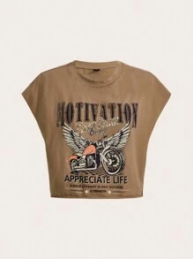 SHEIN EZwear 女式針織貼肩袖t恤,印有摩托車和翅膀圖案 - 棕色 - 查看 1