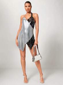 SHEIN BAE Metallic Chain Mail Material Halterneck Colorblock Dress For Spring And Summer Festival Parties' Outfits