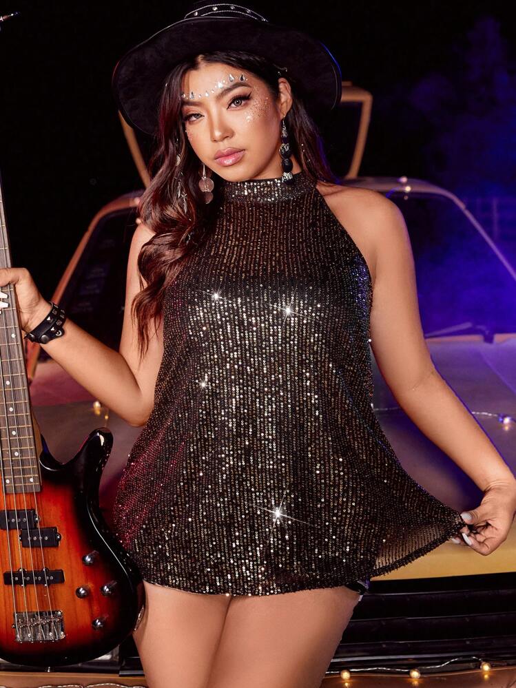 Allurite 大码亮片吊带背心，适合新年假期派对服装 - 金色 - 查看 1