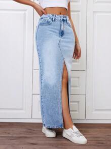 SHEIN ICON 高腰水洗牛仔長裙,高衩設計 - 中等水洗藍 - 查看 1