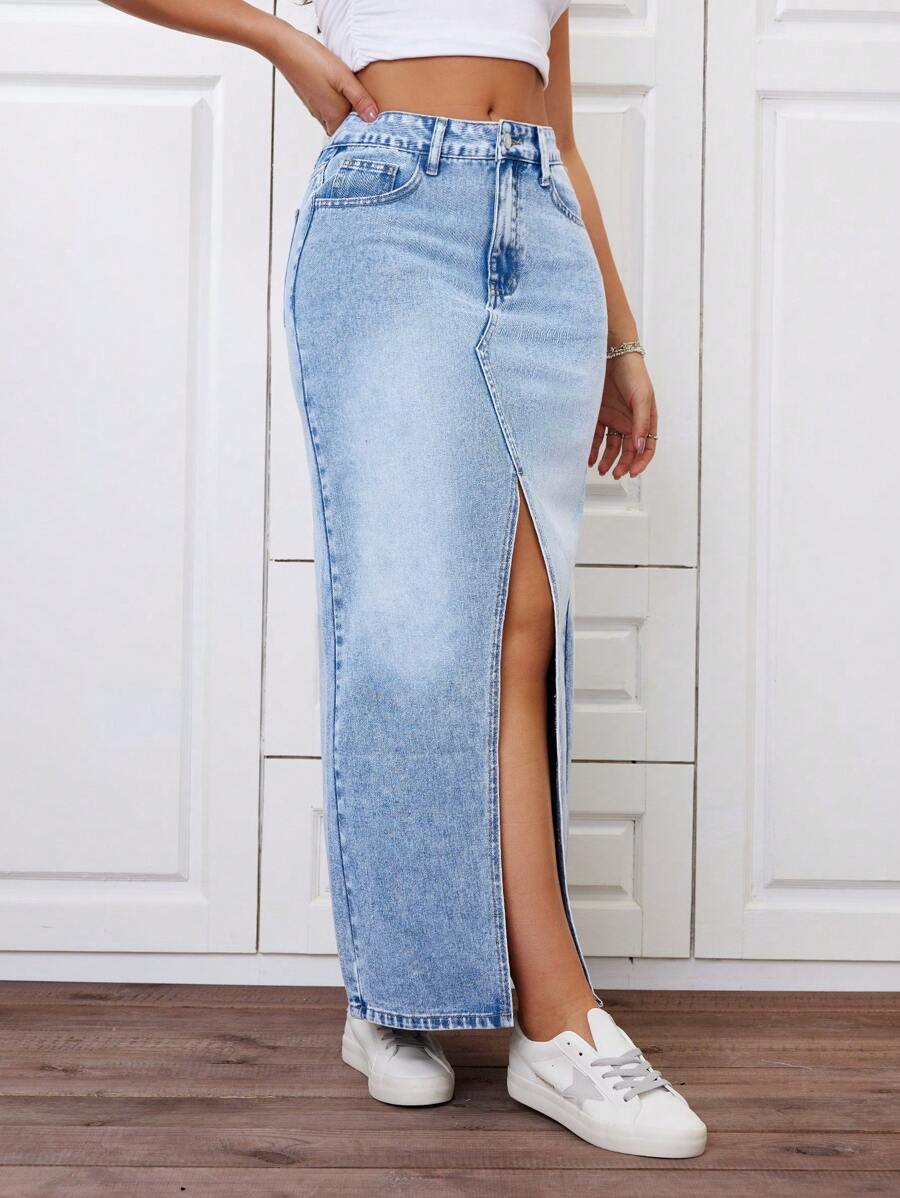 SHEIN ICON 高腰水洗牛仔長裙,高衩設計 - 中等水洗藍 - 查看 1