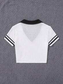 SHEIN Leap Crew Thiếu niên Cô gái Dệt kim Dệt kim Waff Dệt Kẻ sọc Khối màu Vá chữ cái Vòng cổ Giải trí Áo thun - trắng - Xem 2