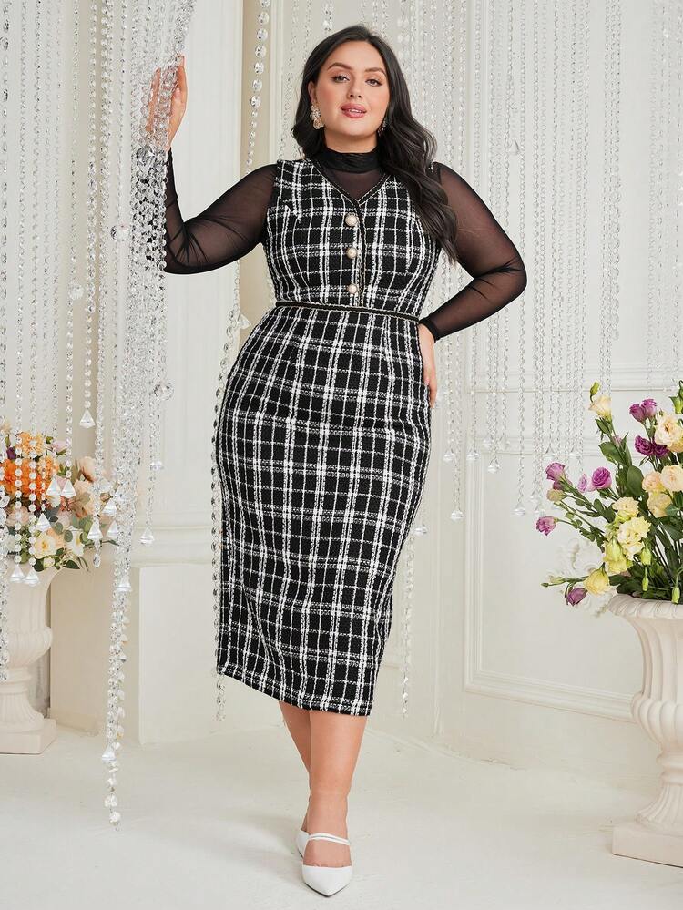 Plus Size Women's Slim Fit Plaid Dress