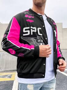 Manfinity EMRG Men Plus Color Blocking Wing & Letter Print College Style Jacket