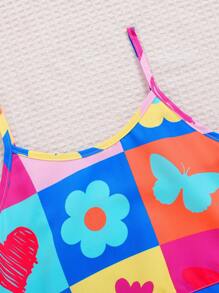 SHEIN Tween Girls' Plaid And Floral Patchwork Cami Top With Matching Skirt, 2pcs/Set - Multicolor - View 3