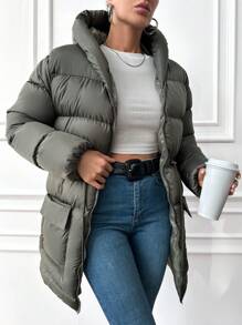 EURMUSE Flap Pocket Drawstring Waist Hooded Puffer Coat