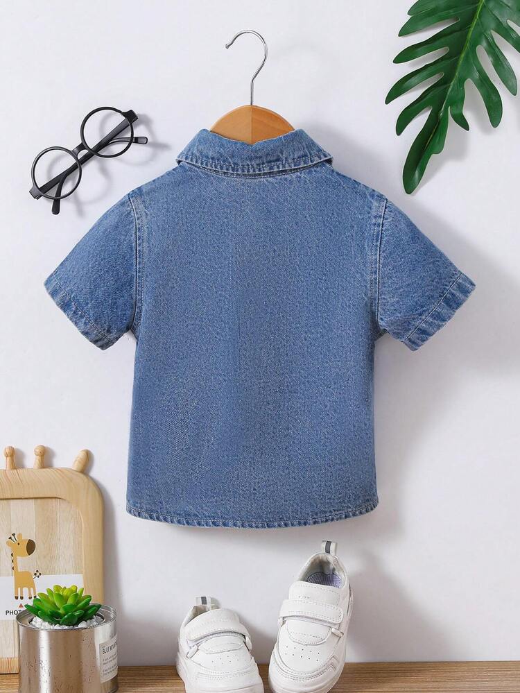 Baby Boy's Short Sleeve Denim Shirt With Letter And Dinosaur Embroidery Pockets, Front Button Closure