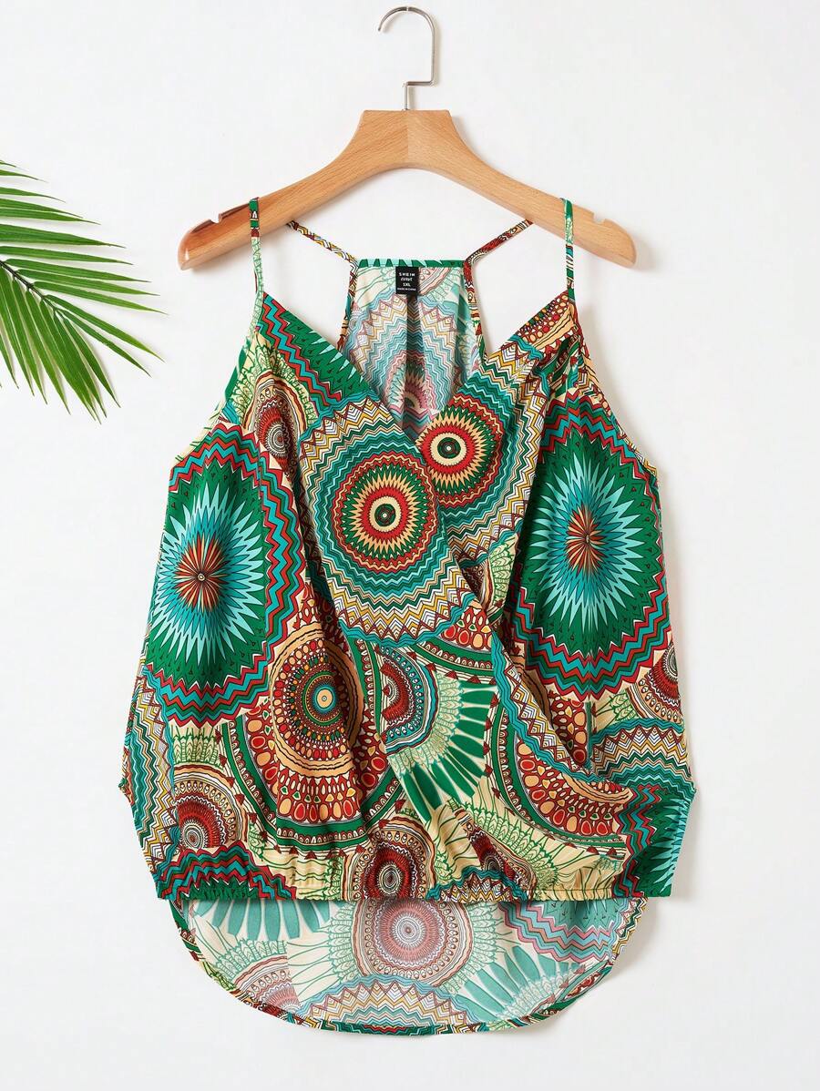 SHEIN VCAY Kích thước lớn In Crisscross Dây đeo Cami ngọn - Nhiều màu - Xem 1