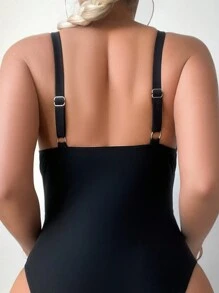 SHEIN Swim Women's One Piece Swimsuit With Sheer Mesh Panel And Open Back - Black - View 5