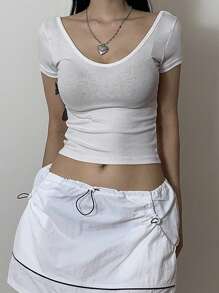 DAZY Women's Short Sleeve Solid Color Rib-Knit Crop T-Shirt - White - View 6