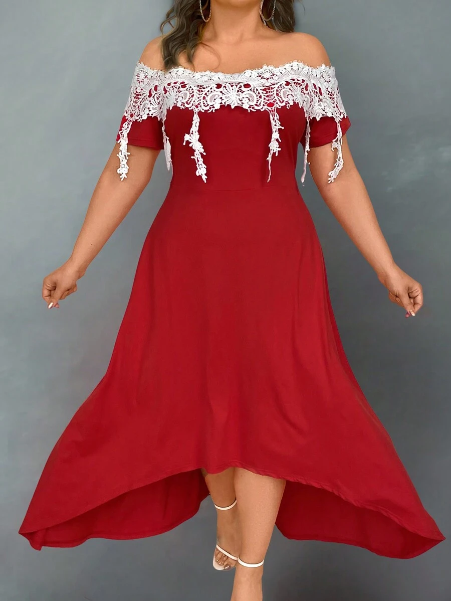 SHEIN Clasi Plus Off Shoulder Guipure Lace Insert High Low Hem Dress - Red - View 1