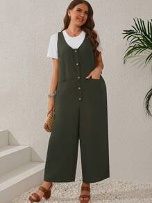 EMERY ROSE Plus Size Women'S Olive Green Jumpsuit With Buttoned Front, Split Design And Pockets - Army Green - View 4