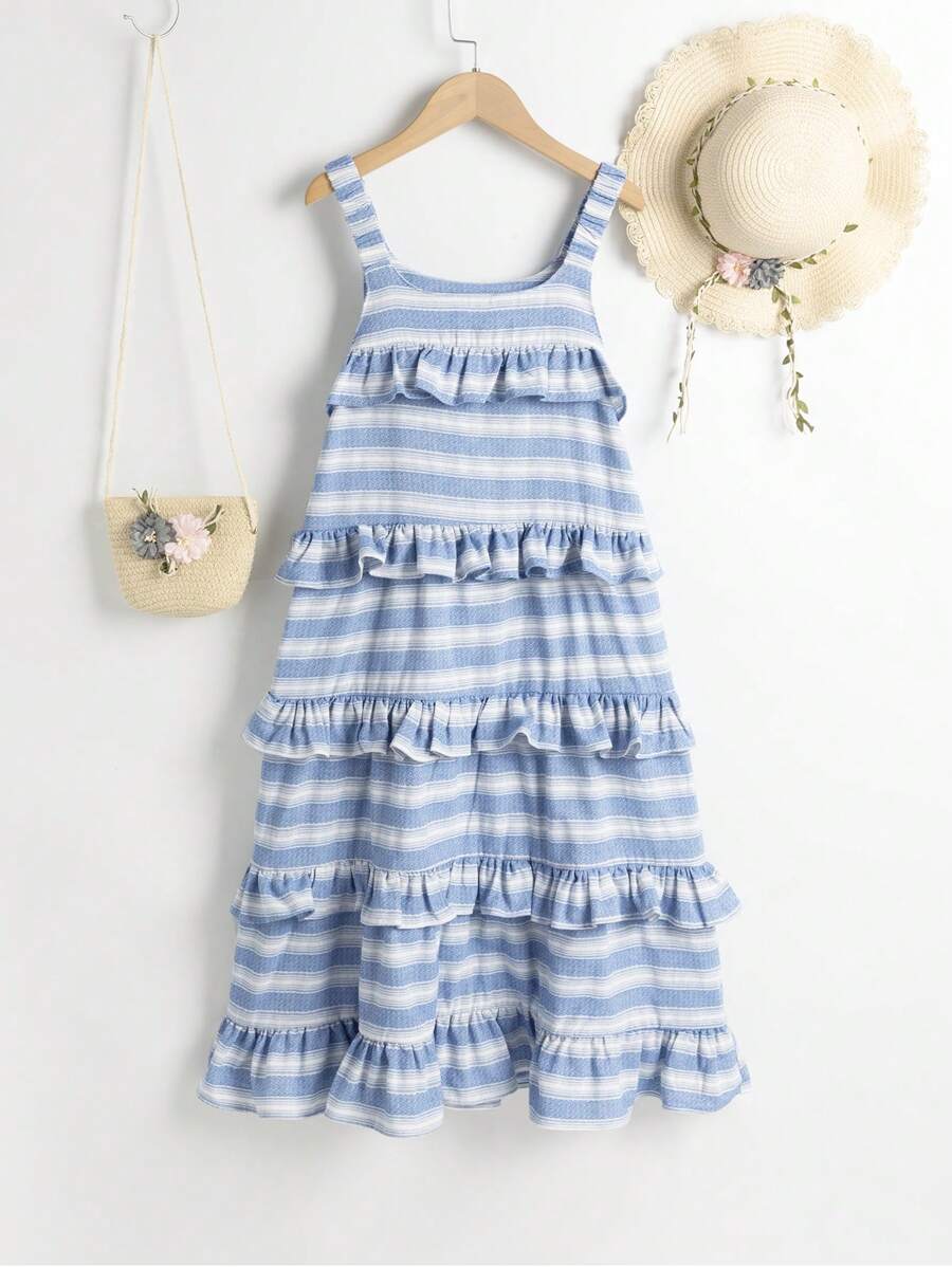 Tween Girl Striped Ruffle Edge Loose Fit Holiday Style Dress - Blue - View 1