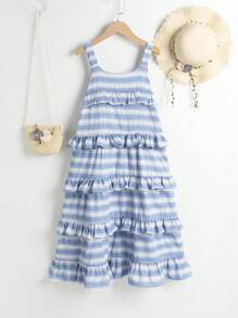 Tween Girl Striped Ruffle Edge Loose Fit Holiday Style Dress - Blue - View 2