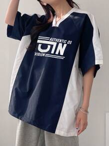 DAZY Women's Color Block Alphabet Printed T-Shirt Oversized T-Shirt,Graphic Tees - Navy Blue - View 5