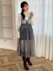 FRIFUL Women's Mesh Organza Ruffle Hem Spaghetti Strap Dress,Fall Dress Long Sleeve Dress