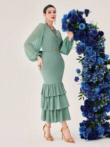 Modelyn 女士打摺燈籠袖多層紗裙碎花連衣裙，婚禮嘉賓裙 - 綠色 - 查看 3