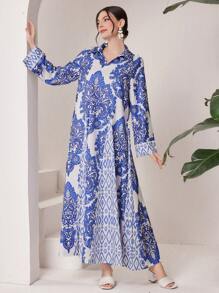 Al Najma 全印花v領長袖連衣裙 - 藍色 - 查看 3