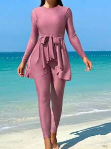 女士無鋼圈純色束腰立領長袖比基尼上衣和下褲