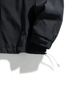 Men's Letter Print Striped Zip Front Hooded Jacket, Fall - Black - View 3