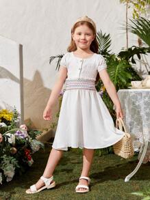 SHEIN Trẻ Cô gái Đầy màu sắc Đàn hồi Dây thắt lưng Xếp li Giải trí Váy chữ A - trắng - Xem 6