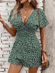 Breezaya In hoa Cổ chữ V sâu Romper Với Đã thu thập Eo - màu xanh lá - Xem 4