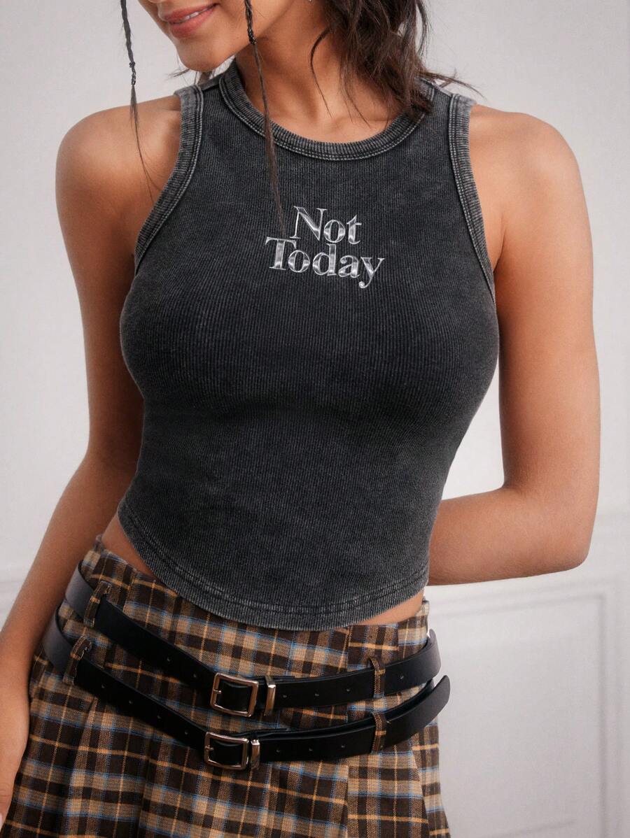 Forever 21 Của phụ nữ Không tay Áo ba lỗ Với In thư - màu đen - Xem 1