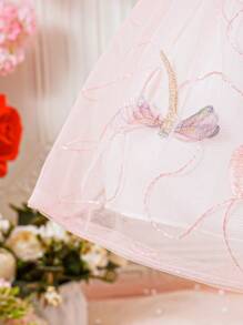 嬰兒女孩緞面領3d蜻蜓翅膀刺繡花朵洋裝,隱藏式拉鍊 - 彩色 - 查看 4