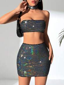 SHEIN PETITE Women's Sparkle Rhinestone Sexy Strapless Bustier Top And Skirt Set - Black - View 4