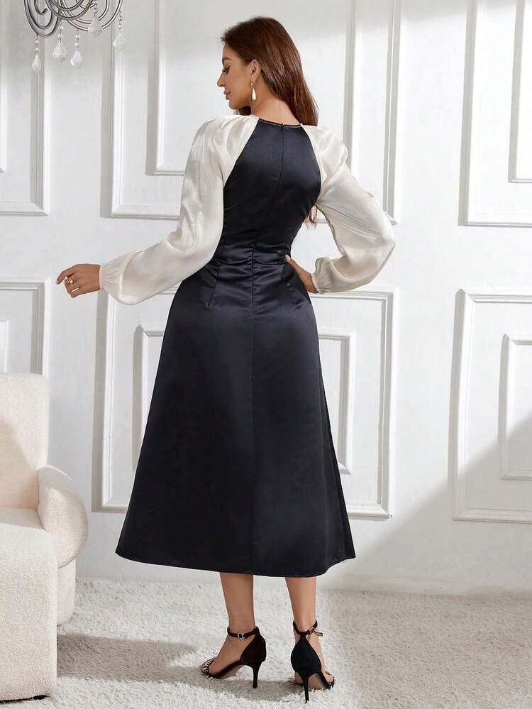 Women's Round Neck Splicing Flare Sleeve Dress Long Evening Dresses