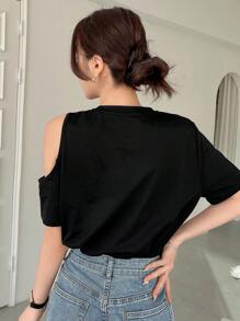 DAZY 女式短袖露肩T恤夏季学院风上衣 - 黑色 - 查看 5