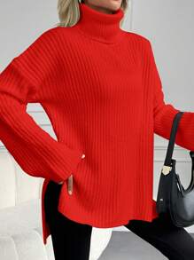 EURMUSE High Neck Drop Shoulder Split Hem Sweater - Red - View 5