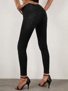 Skinny High Waisted Denim Jeans - Black - View 2
