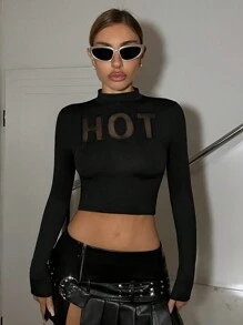 SHEIN ICON Camiseta Con Panel De Malla Y Letras En Inglés - Negro - Ver 1