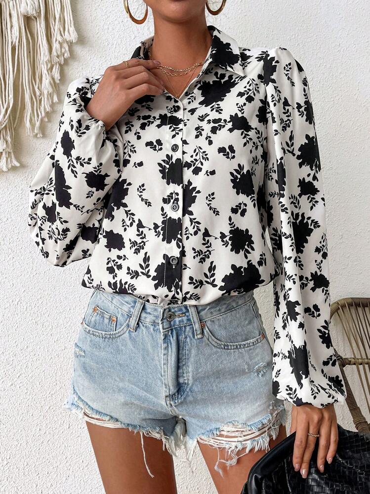 SHEIN LUNE Floral Printed Lantern Sleeve Shirt - Apricot - View 6