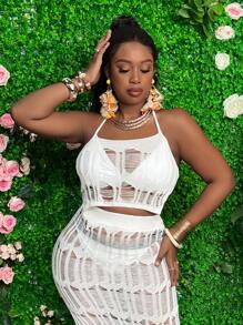 Slaydiva Plus Size Hollow Out Knitted Sweater 2pcs/Set - White - View 4
