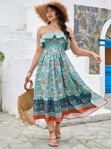 SHEIN VCAY Vestido De Playa Maxi Verde Bohemio Con Estampado Floral Sin Tirantes Para Mujeres. Tallas Grandes Para Vacaciones De Verano