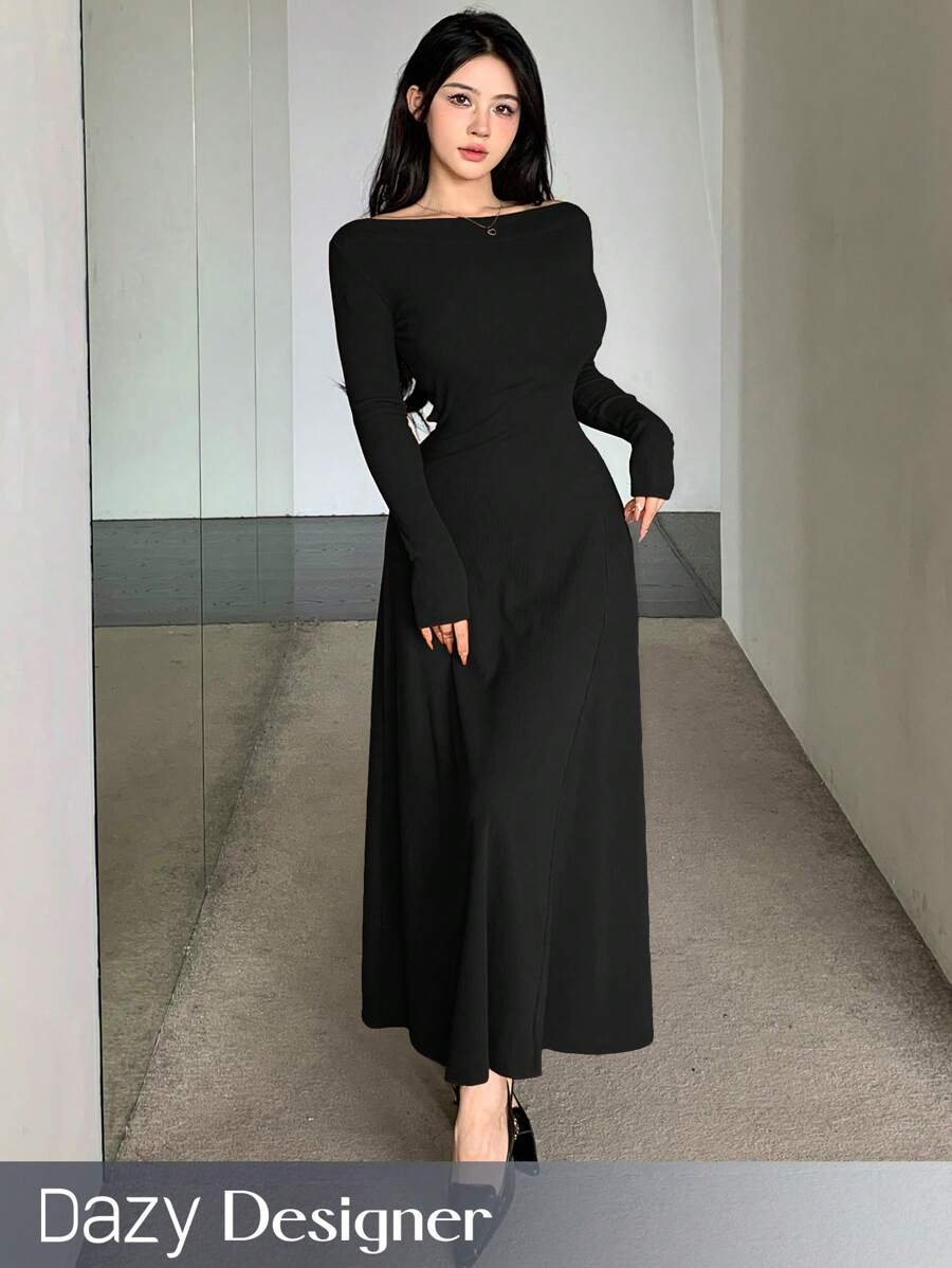 Dazy Designer Đầm cổ thuyền trơn màu thanh lịch dành cho nữ, Đầm dài tay thời trang thu - màu đen - Xem 1