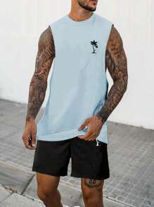 Manfinity RSRT Conjunto de camiseta sin mangas y pantalones cortos con impresión de palmeras para hombres de talla grande