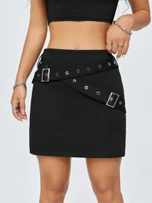 SHEIN EZwear Ladies' Fashionable Double Belted Skirt - Black - View 6